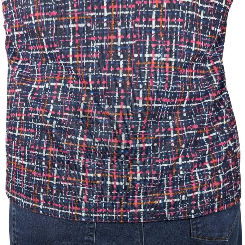 Chico's 2 (Large) Sleeveless Lined Navy Blue V-Neck Geometric Pattern Top